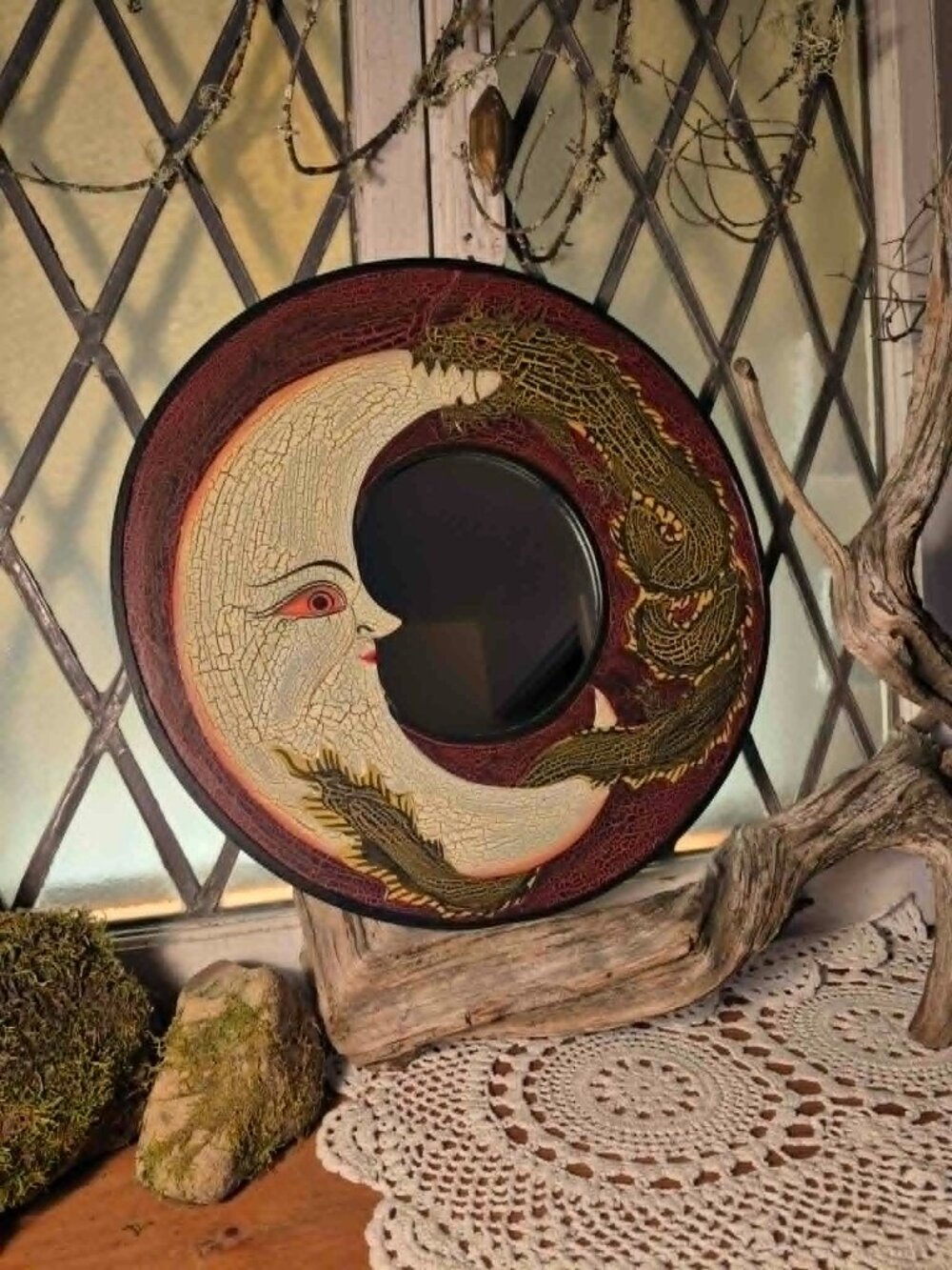 Beyond Midnight Collection 🌙 Vintage Wooden Moon & Dragon Wall Mirror 15.5" - Picture 4 of 10